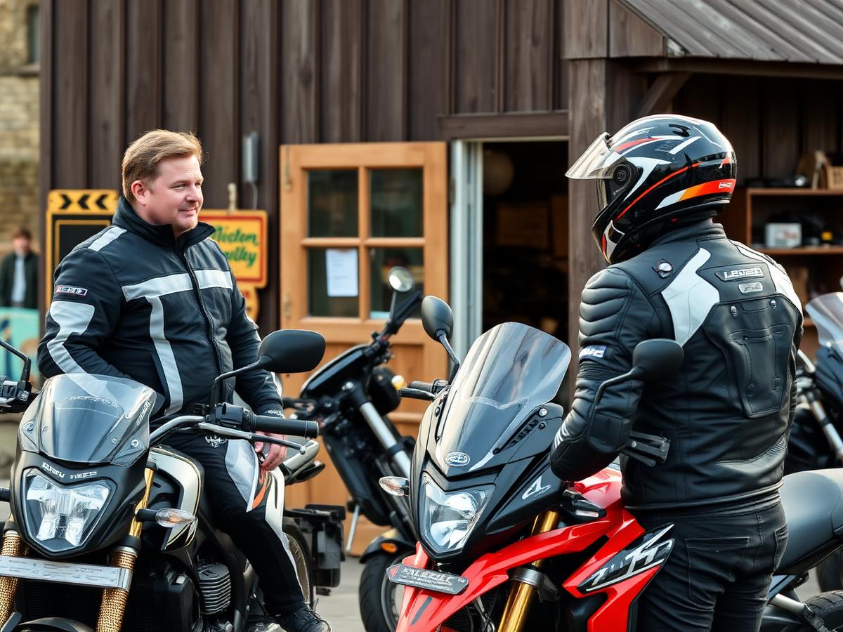 Instruktör och elev samtalar bredvid motorcyklar utanför trafikskolan